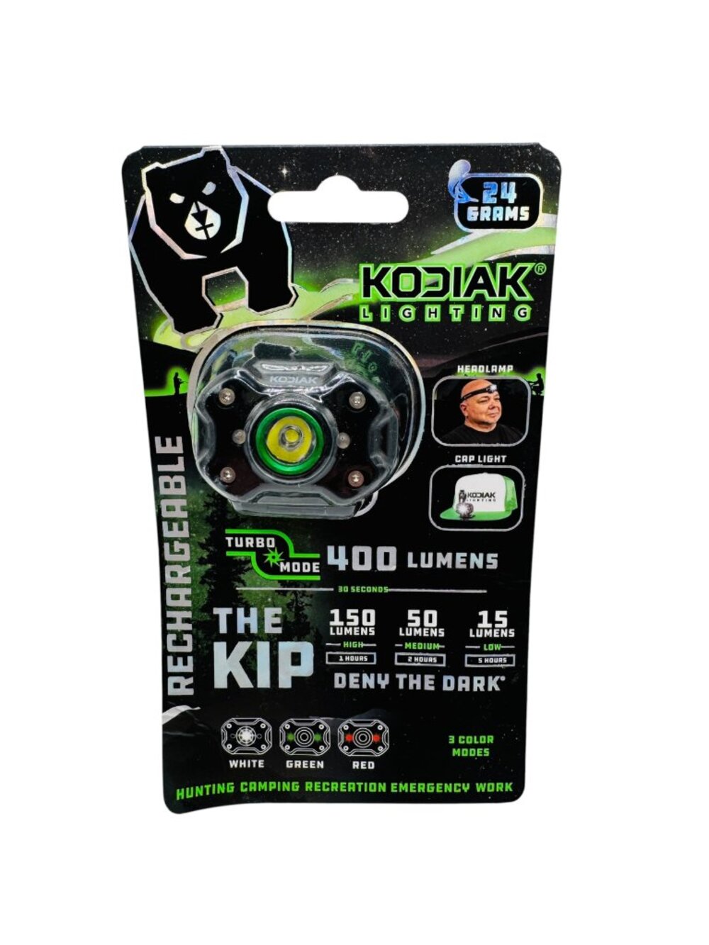 Kodiak Rechargeable LED Headlamp & Cap Light 400 Lumens 3 Color Water Resistant